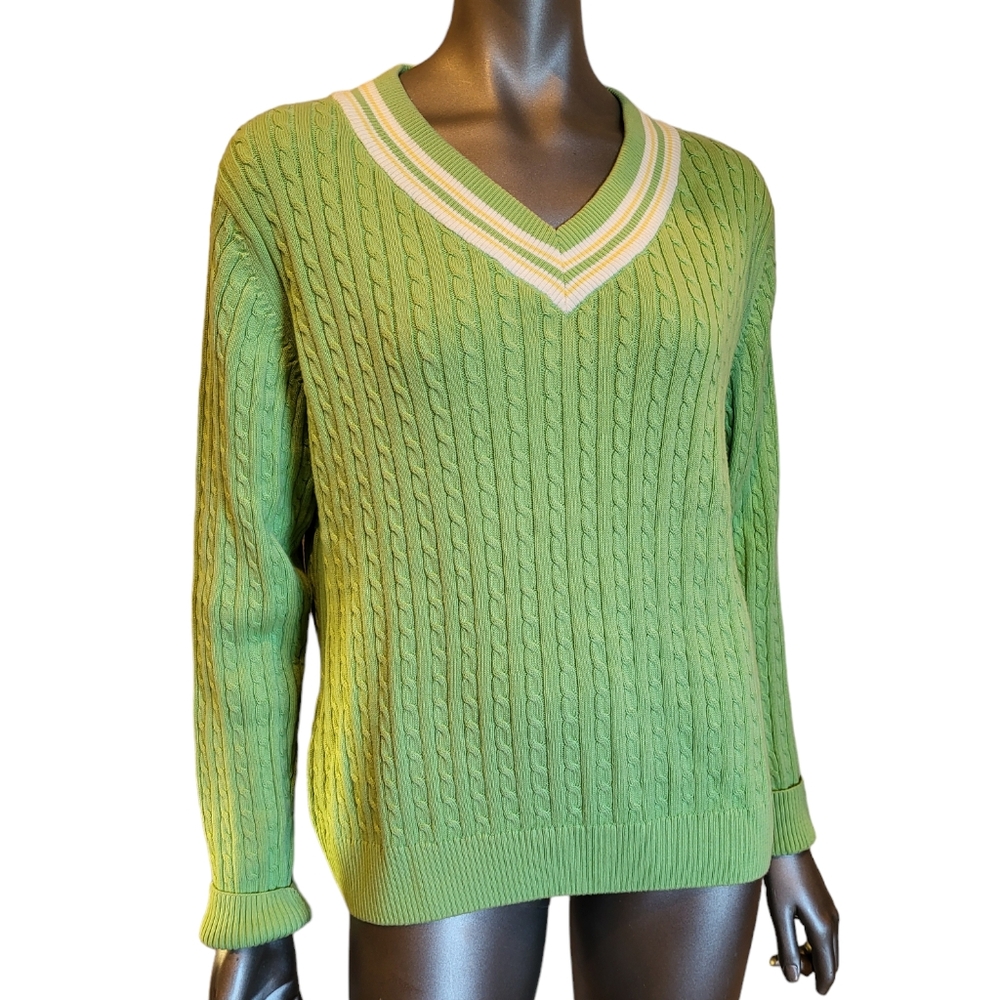 191. Tail V-Neck Cable Knit Green Sweater - Size Large